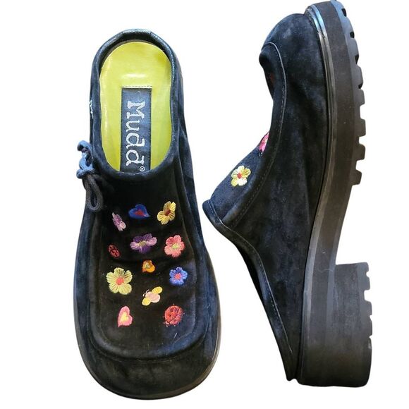 Vintage Y2K Mudd Clogs Women's 8 Black Embroidered Floral Bug Chunky Leather - Picture 5 of 7